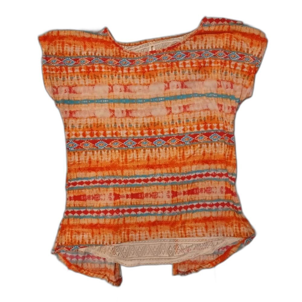 B & B BOUTIQUE Orange Cream Blue Geometric Pattern Top Peekaboo Back Women Large